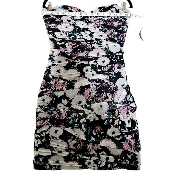 BCBGMAXAZRIA Strapless Floral Print Dress Size 8 Black Multi-Color Ruched Bodyco - Picture 10 of 11